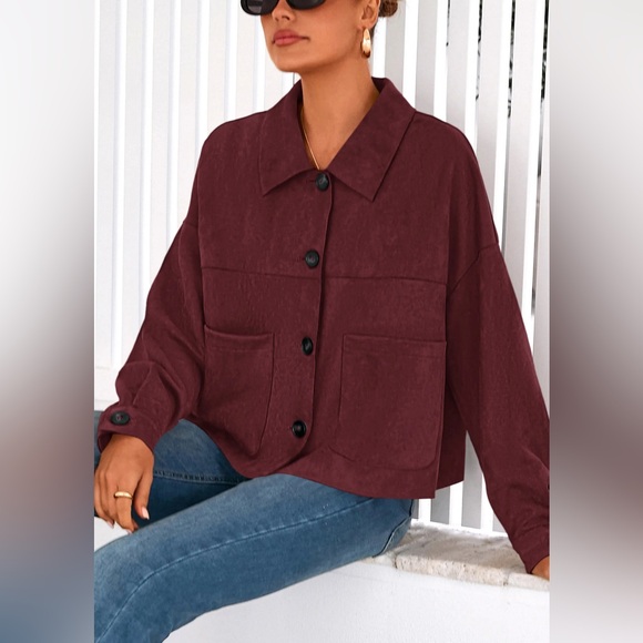 PRETTYGARDEN Faux Suede Cropped Jacket Burgundy Size L Like New - Picture 2 of 8